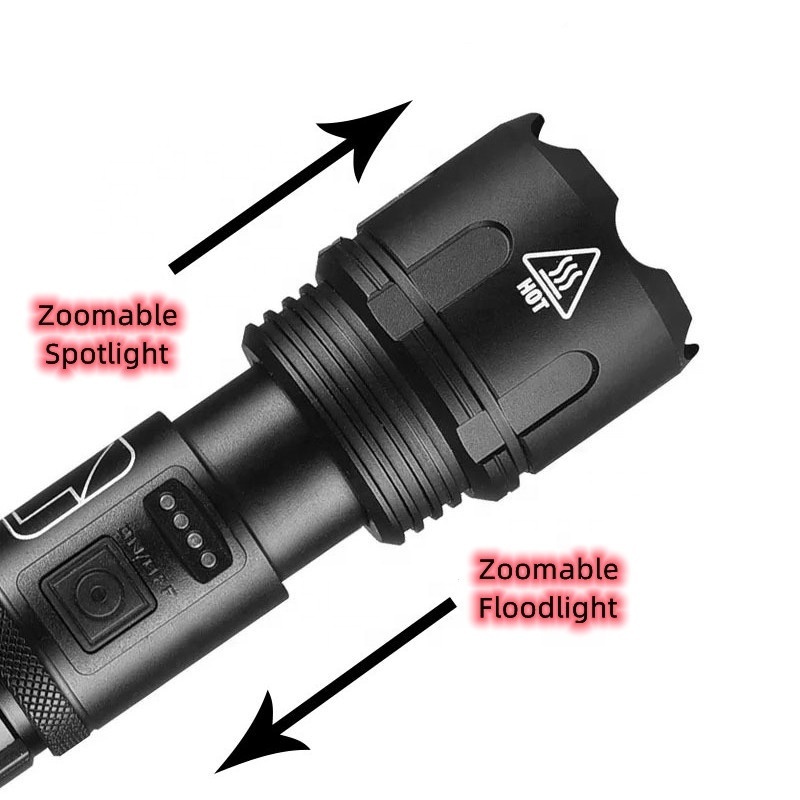 HLS Huaqin Factory Zoomable P50 Powerful LED Torch Flash Light Rechargeable Waterproof Super Bright XHP50 Security Flashlight