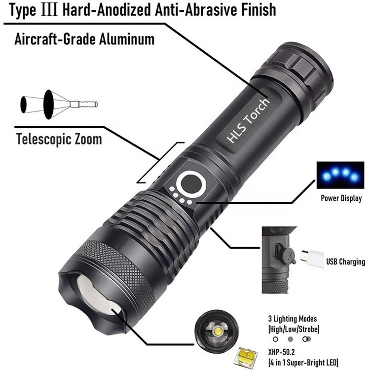 Super Bright Zoomable Powerful XHP50 26650 Torch Flash Light, Waterproof USB Rechargeable Portable Tactical Led Flashlight