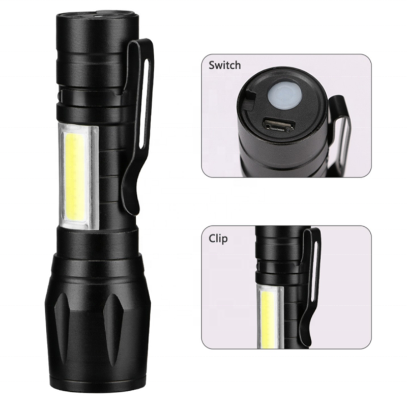 Waterproof Portable Pocket Zoom Mini Torch led Flash light USB Rechargeable Zoomable COB led Mini Flashlight With Clip