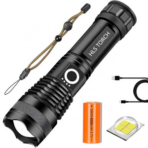 Super Bright Zoomable Powerful XHP50 26650 Torch Flash Light, Waterproof USB Rechargeable Portable Tactical Led Flashlight