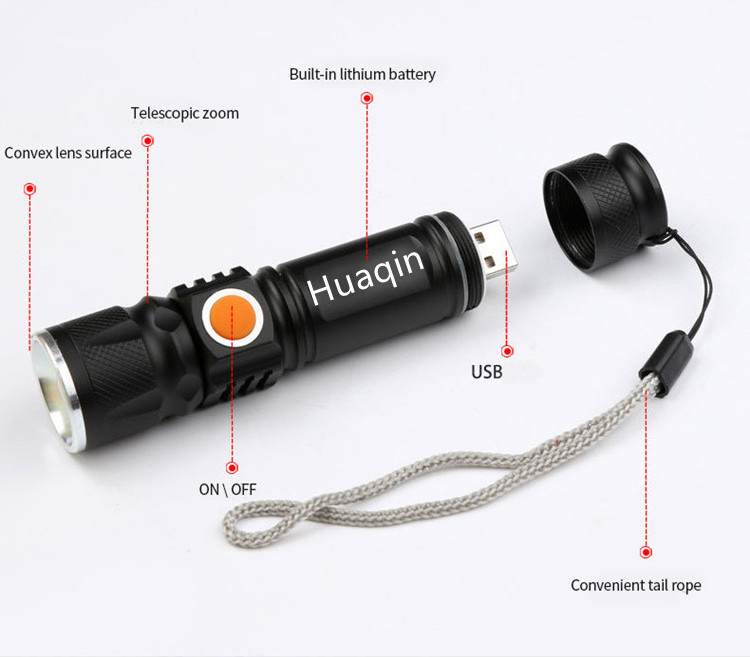 Super Bright XML T6 LED hlm Portable aluminum alloy Zoomable 3 Modes 18650 Powered USB Rechargeable Mini High Lumen Flashlight