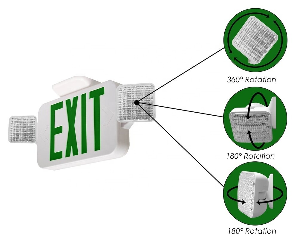 Adjustable Emergency Light with LED Bulb and Lithium Battery Green or Red Exit Word Combination with Two Emergency Lamp Holders