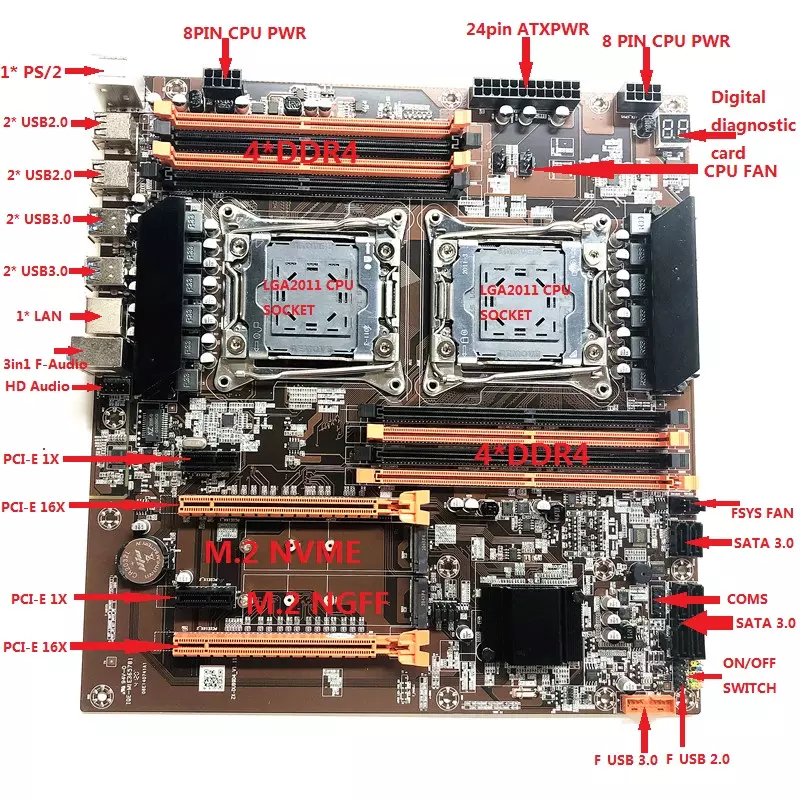 X99 Dual processor motherboard LGA2011 DDR4 4 channels dual cpu gaming ATX motherboard