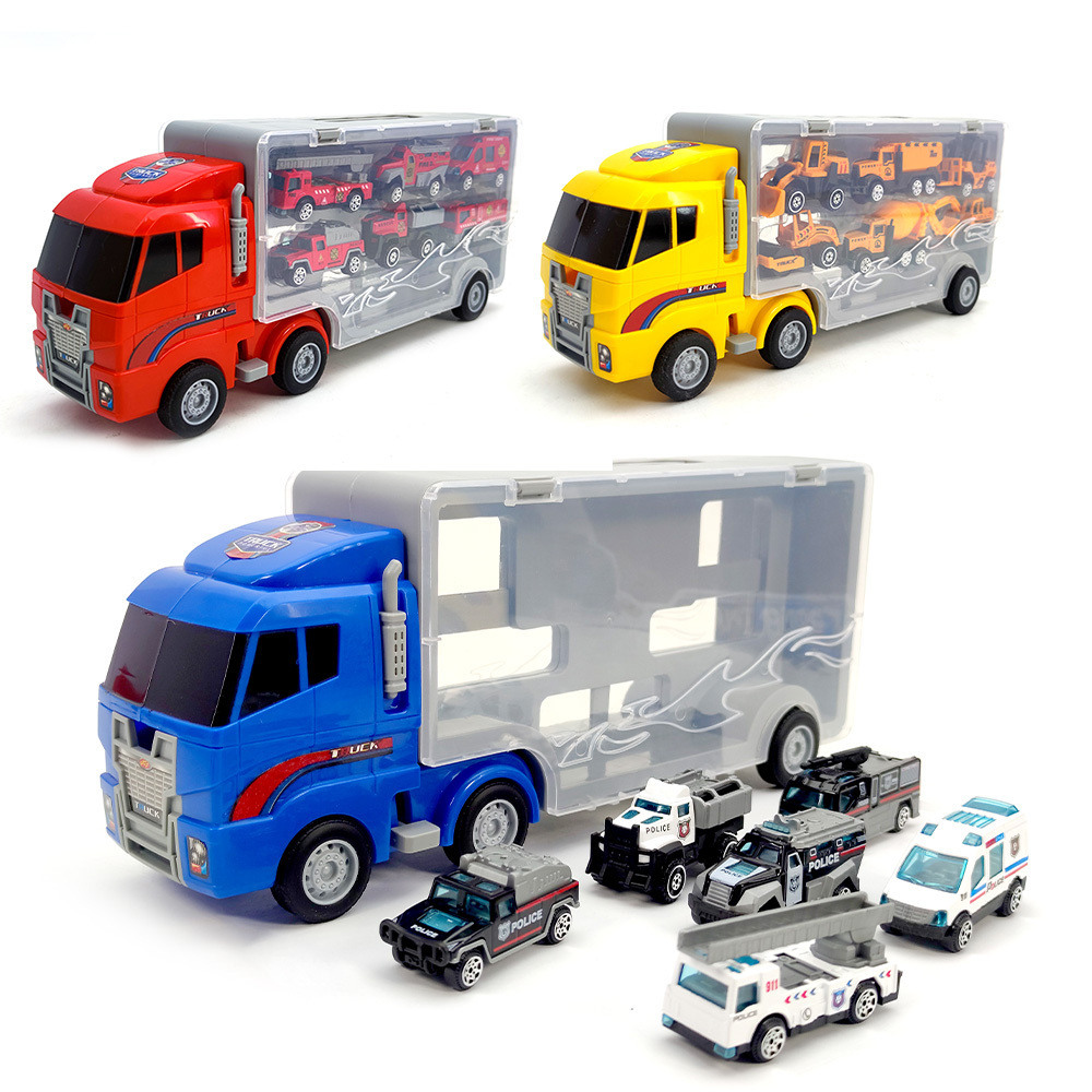 Toyhome Police Transport Truck Mini Die-Cast Plastic Play Vehicle In Carrier Car Toy Set Mini Cars For Kid Children Boy