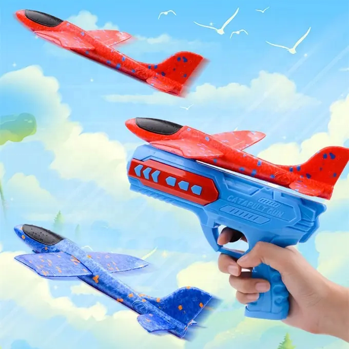 Toyhome Fly Airplane Launcher Gun Toy Aircraft Gun Children Glider Wheels Catapult Ejectable Foam Led Airplane Toy  for kids