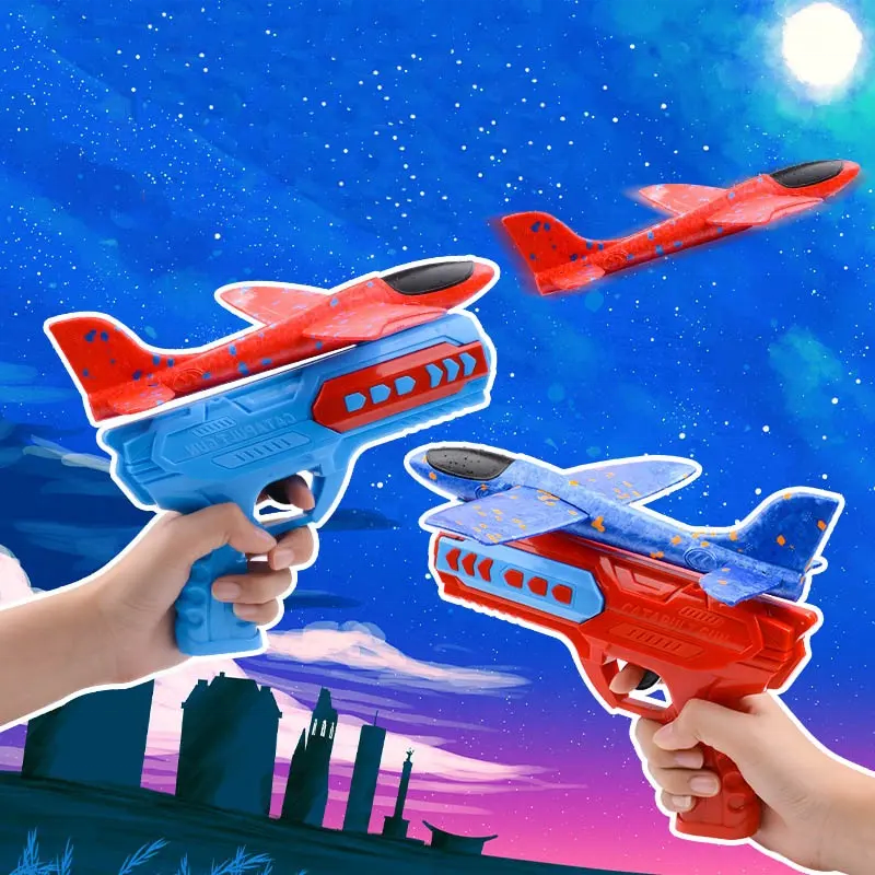 Toyhome Fly Airplane Launcher Gun Toy Aircraft Gun Children Glider Wheels Catapult Ejectable Foam Led Airplane Toy  for kids