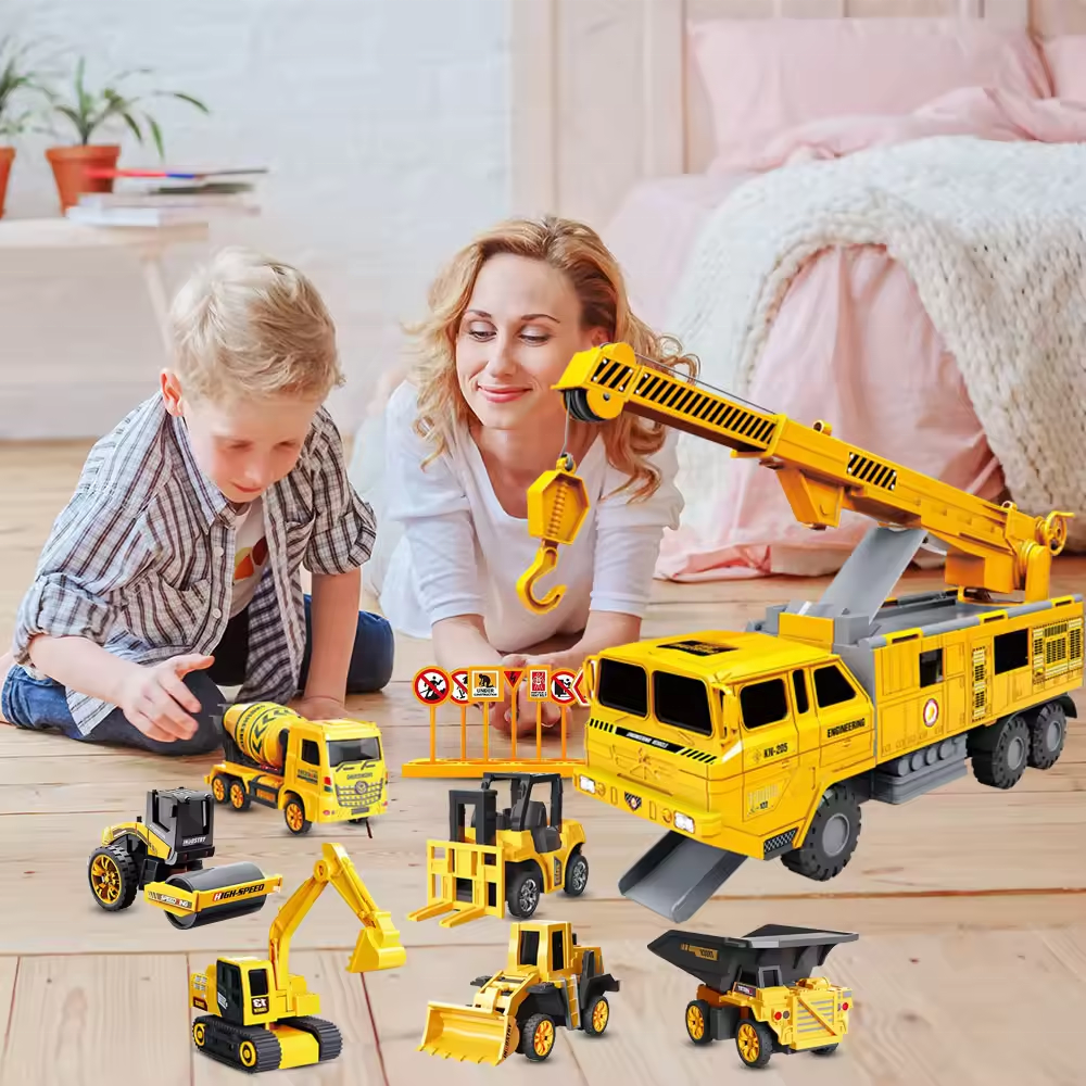 Toyhome 2023 Popular Toy Construction Vehicles With Friction Crane Carrier Truck Construction Site Vehicles Toy Set For Kids