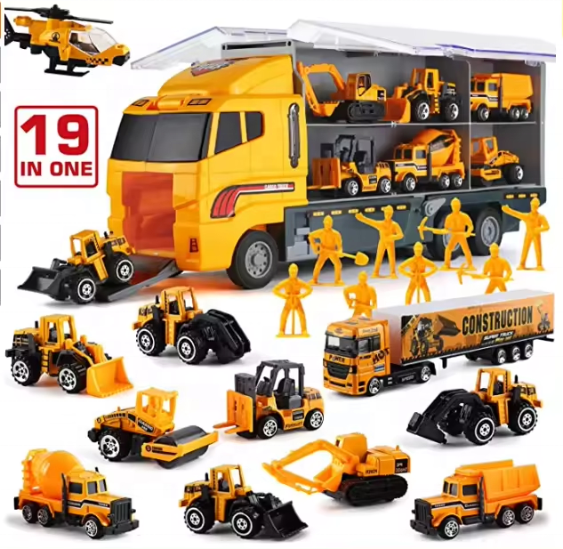 Toyhome 2024 Hot Selling 19 in 1 Construction Engineering Aircraft Carrier Truck Toy Set Diecast Toy Vehicle Car Model Toy Truck