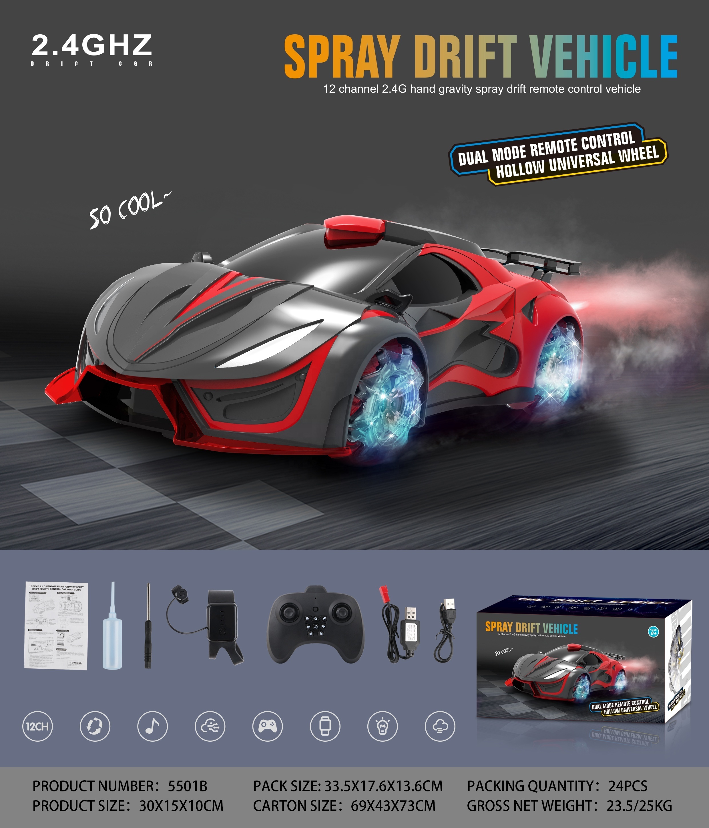 Toyhome Hot Selling High Speed Hand Gesture Drift Rc Car Remote Control Srpay Light And Music Fast Rc Car For Kids Adults