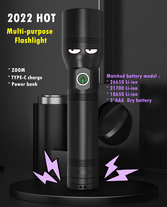 1300Lumen xhp50 LED Zoom Flashlight High Power Type-c Recharge Black Industrial OEM 90 Ni-mh IP65 Rechargeable Flashlight