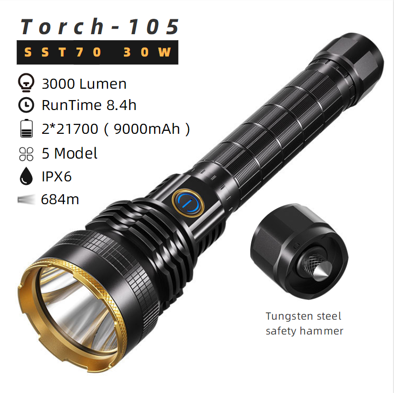 2022 NEW Torch 3000LM Self Defense  Powerful Hunting 600 meters Long Distance rechargeable 21700 Torch light flashlight