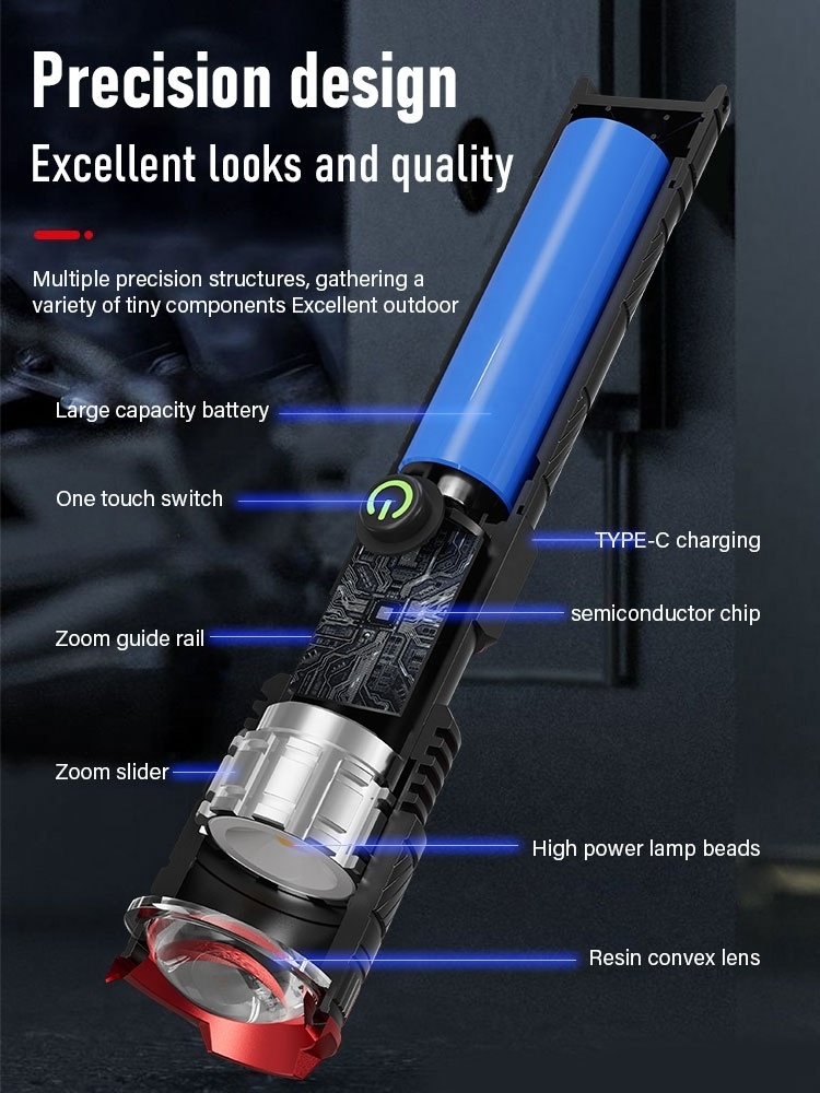 Variable-focus zoom Telescopic high lumen cost performance waterproof multi-mode rechargeable power display Alloy flashlight