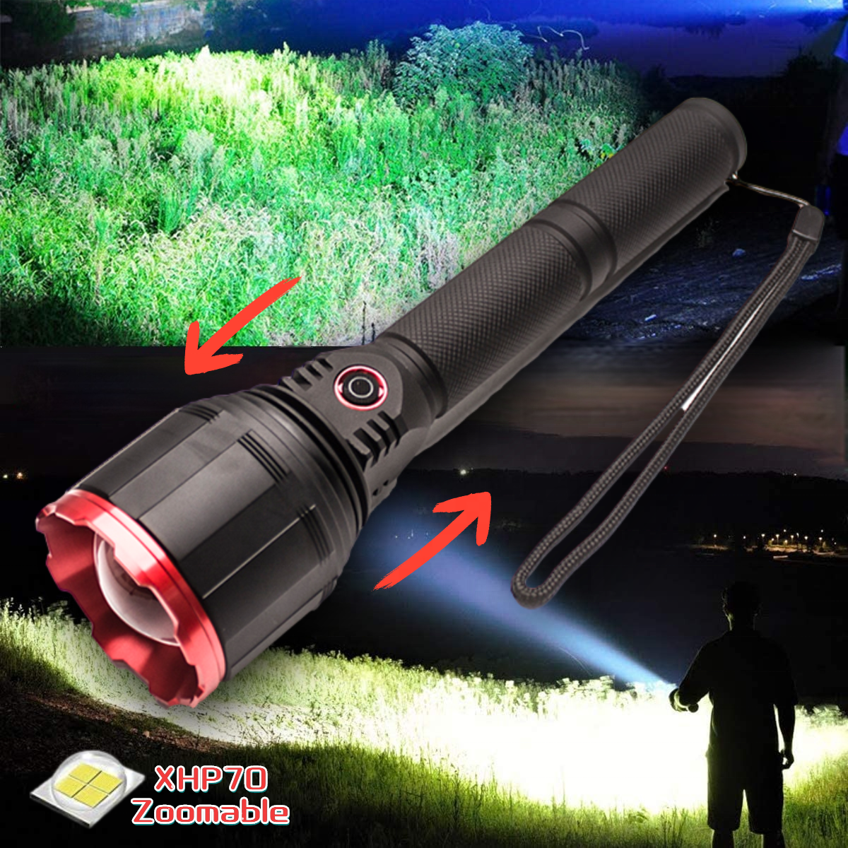 Ultra Bright 3000 Lumen 8400mAh Zoomable LED Torch Light Self Defensive Camping XHP70 Rechargeable Flashlight