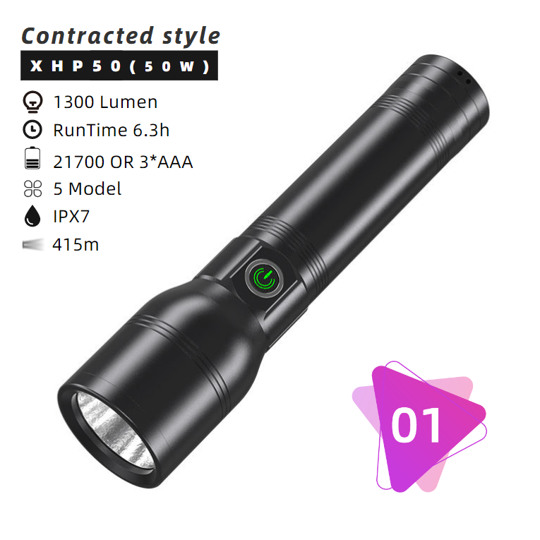 1300Lumen xhp50 LED Zoom Flashlight High Power Type-c Recharge Black Industrial OEM 90 Ni-mh IP65 Rechargeable Flashlight