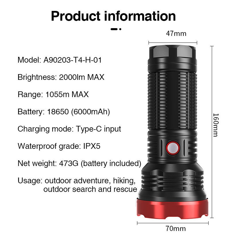 High Power High Lumen Flash Light Rechargeable Lamp Aluminum Led Flashlight use 26650 battery