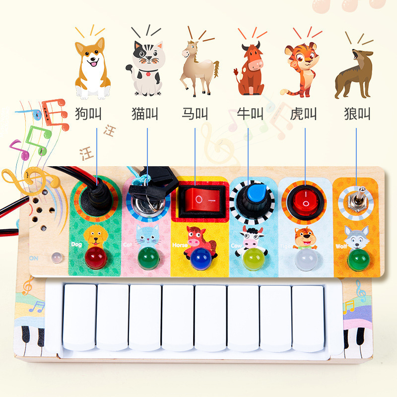 Newest Kids Wooden Montessori Sensory Board Toys Fidget Music Toy Toddlers Electronic 6 LED Light Switches Busy Board Toys