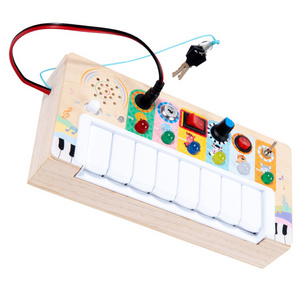 Newest Kids Wooden Montessori Sensory Board Toys Fidget Music Toy Toddlers Electronic 6 LED Light Switches Busy Board Toys