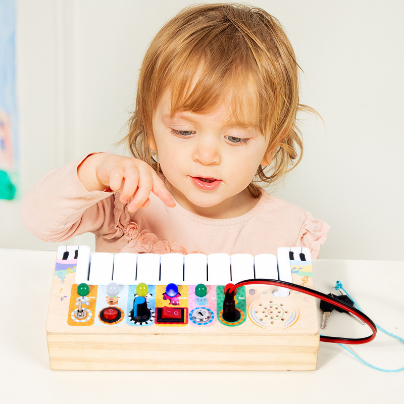 Newest Kids Wooden Montessori Sensory Board Toys Fidget Music Toy Toddlers Electronic 6 LED Light Switches Busy Board Toys