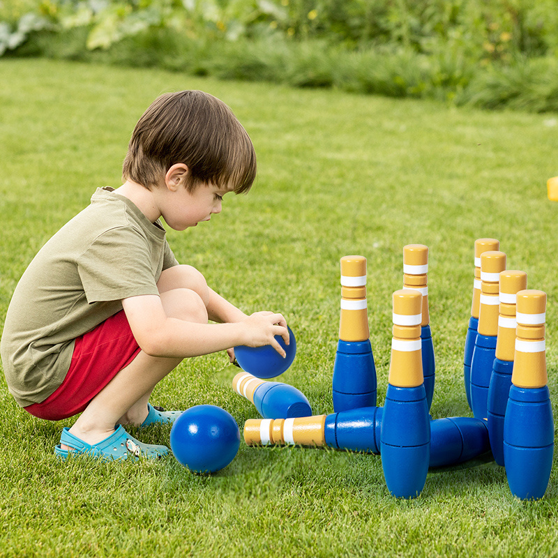 New Design Indoor and Outdoor Family Game Kids Wooden Bowling Balls Toy Set Early Educational Blue Bowling Toy For Kids Adult