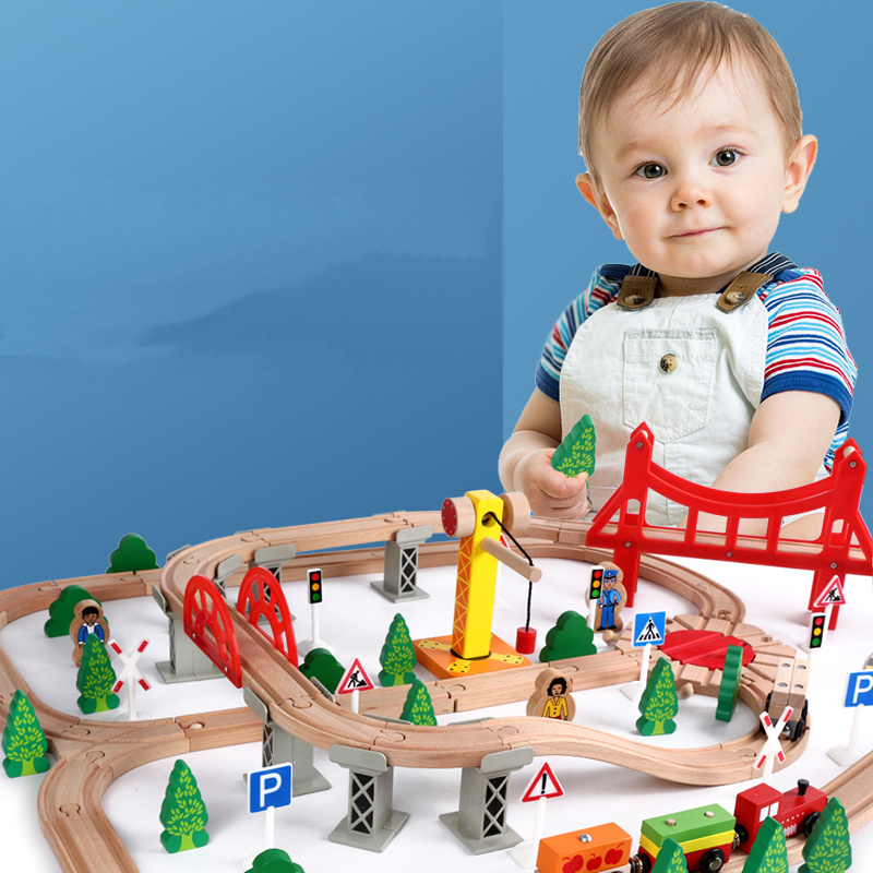 Hot Sale Children Wooden Educational Railway Train Set Game Funny Wooden Train Track Play Set Toy With Car For Kids