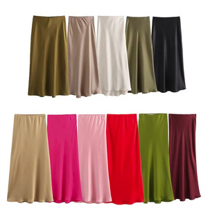 KAR&OT ZA women's 2024 spring new mid-length A-line hip-covering mid-length skirt satin high-waist skirt 8632845 7968581 2298170