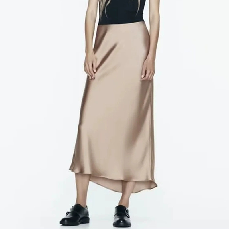 KAR&OT ZA women's 2024 spring new mid-length A-line hip-covering mid-length skirt satin high-waist skirt 8632845 7968581 2298170