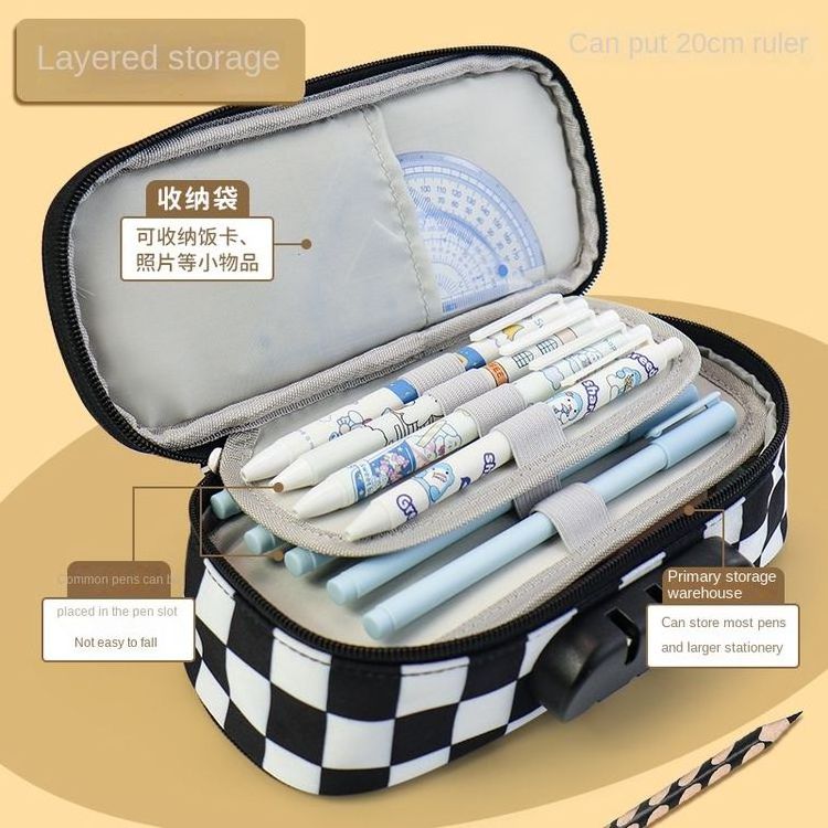 Factory Direct Sell Stationery Case 3D Space Cover Checkerboard Cartoon Pencil Pouch With Password Lock