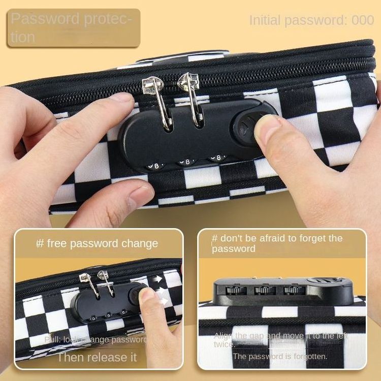 Factory Direct Sell Stationery Case 3D Space Cover Checkerboard Cartoon Pencil Pouch With Password Lock