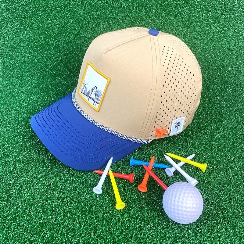 HS51 Custom Oem Design Rope 5 Panel Sport Hat Embroidery pvc Logo Polyester Gorras Laser Cut Hole Baseball Cap Golf hat for man