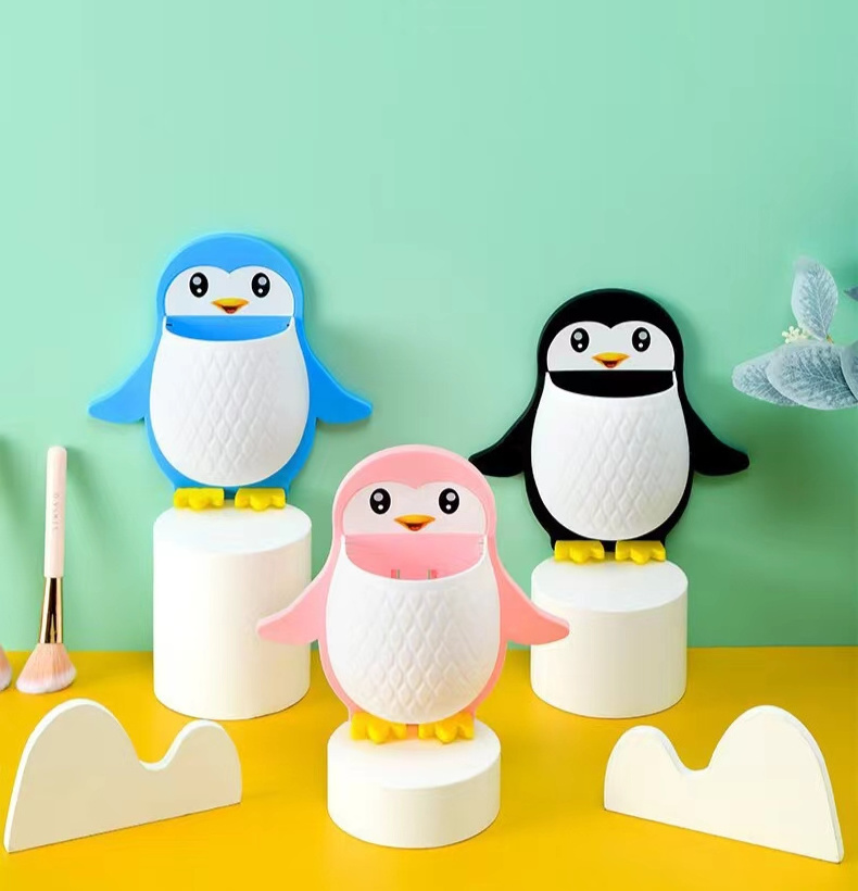 Penguin Shaped Toothbrush Holder Storage Rack Chopsticks Spoon Sundries Makeup Pen Wall Hanging Organizer Box Shelf For Bathroom