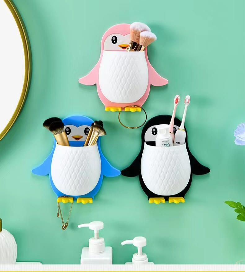 Penguin Shaped Toothbrush Holder Storage Rack Chopsticks Spoon Sundries Makeup Pen Wall Hanging Organizer Box Shelf For Bathroom