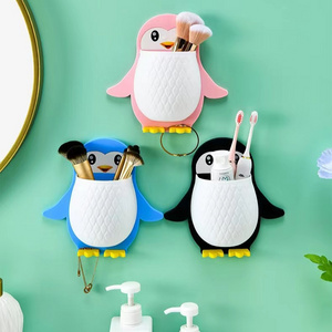 Penguin Shaped Toothbrush Holder Storage Rack Chopsticks Spoon Sundries Makeup Pen Wall Hanging Organizer Box Shelf For Bathroom