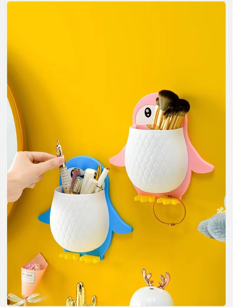 Penguin Shaped Toothbrush Holder Storage Rack Chopsticks Spoon Sundries Makeup Pen Wall Hanging Organizer Box Shelf For Bathroom