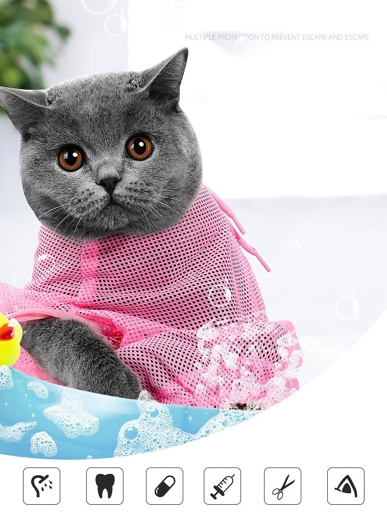 Wholesale Pet Wash Cat Washing Bags Polyester Mesh Grooming Cat Shower Bath Bag Anti Scratching Bag