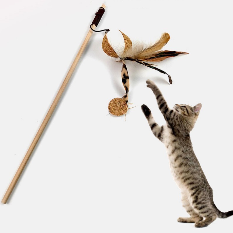 Cat Wood Stick Feather Cat Interactive Teaser Toy Catcher Cat Fish Teaser Toy