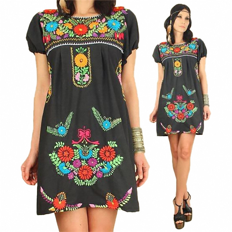 Hot Selling Summer Oversized tshirt Dress 2020 Black Red Mexican Embroidered Dresses Wholesale