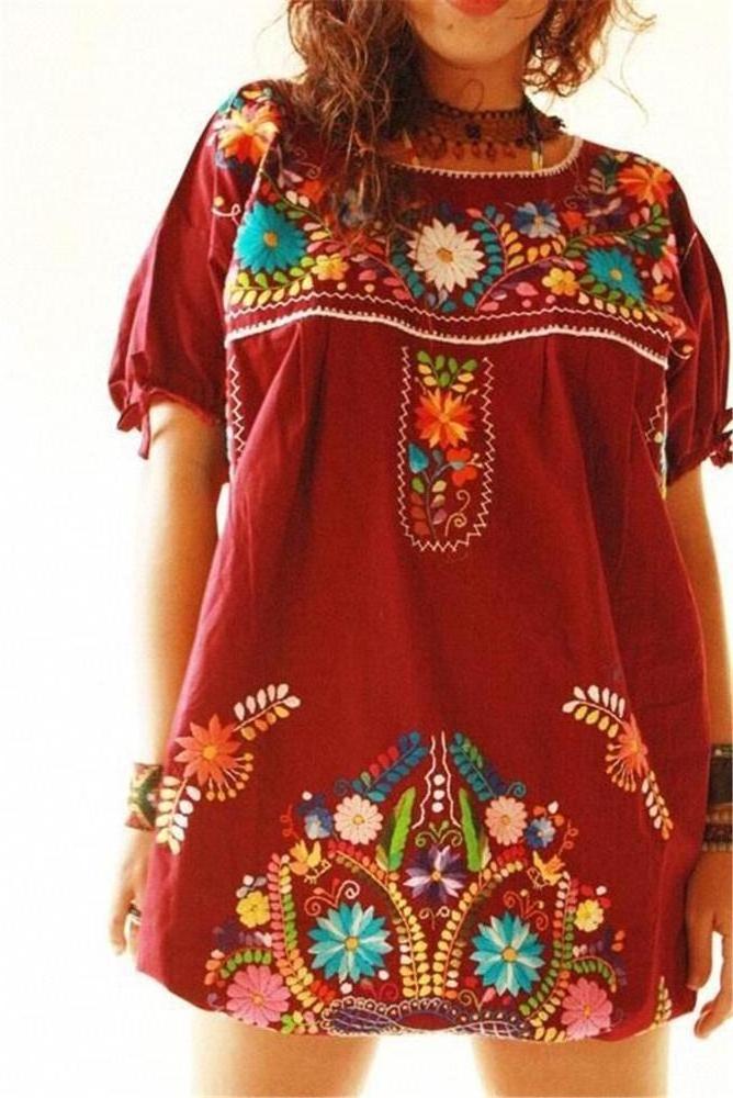 Hot Style bohemian dress women vintage mexican linen embroidered dresses wholesale dress for women