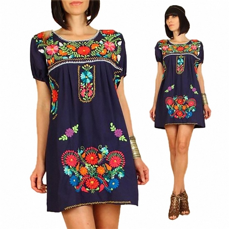 Hot Style bohemian dress women vintage mexican linen embroidered dresses wholesale dress for women