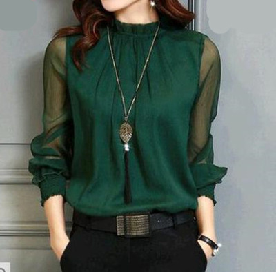 Chiffon Blouse New Women Tops Long Sleeve Stand Neck Shirts Elegant Lady Casual Blouses