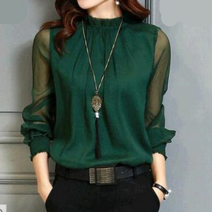 Chiffon Blouse New Women Tops Long Sleeve Stand Neck Shirts Elegant Lady Casual Blouses