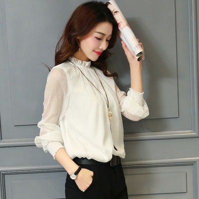 Chiffon Blouse New Women Tops Long Sleeve Stand Neck Shirts Elegant Lady Casual Blouses