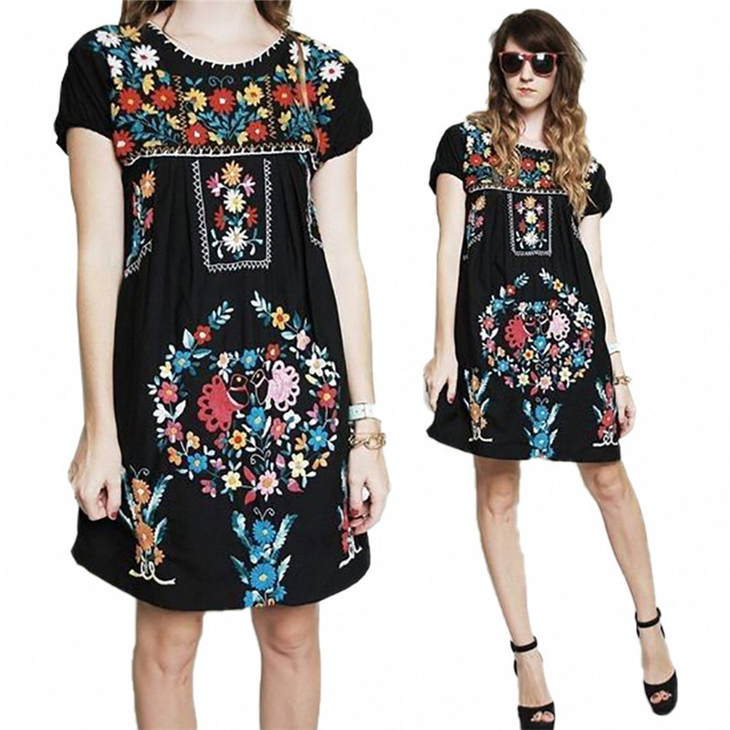 Hot Selling Summer Oversized tshirt Dress 2020 Black Red Mexican Embroidered Dresses Wholesale