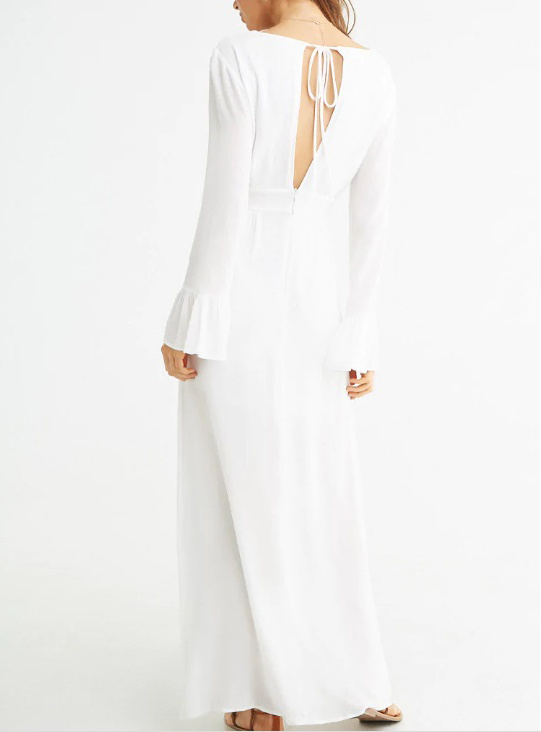 2020 Summer White V-neck Long Sleeve Ruffle Decoration Women Maxi Dresses