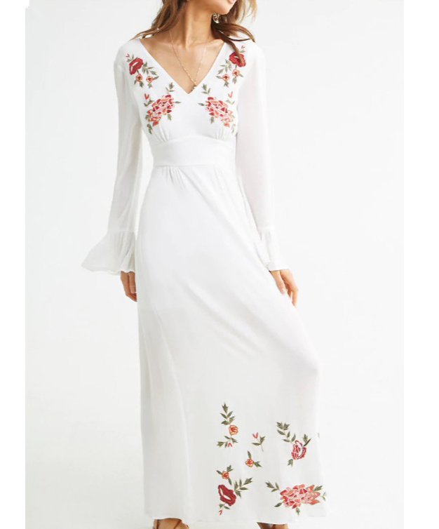 2020 Summer White V-neck Long Sleeve Ruffle Decoration Women Maxi Dresses