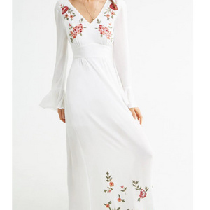 2020 Summer White V-neck Long Sleeve Ruffle Decoration Women Maxi Dresses