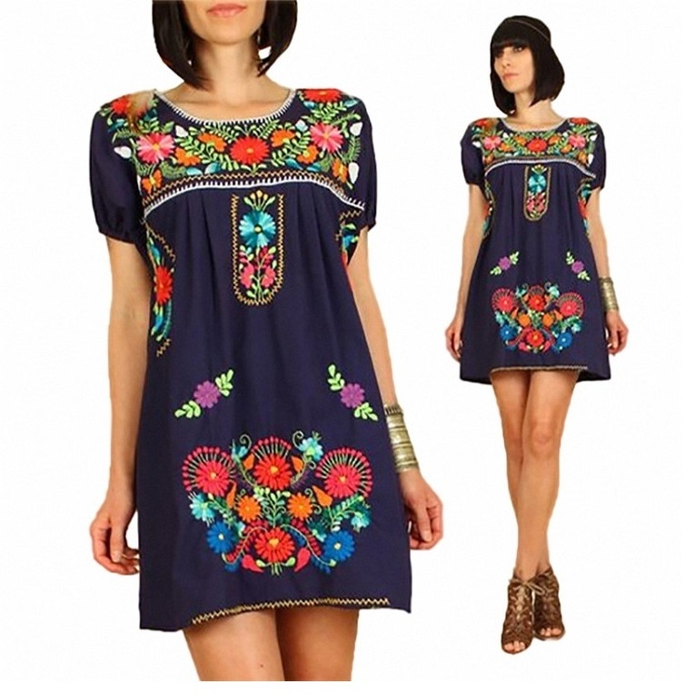 Hot Style bohemian dress women vintage mexican linen embroidered dresses wholesale dress for women