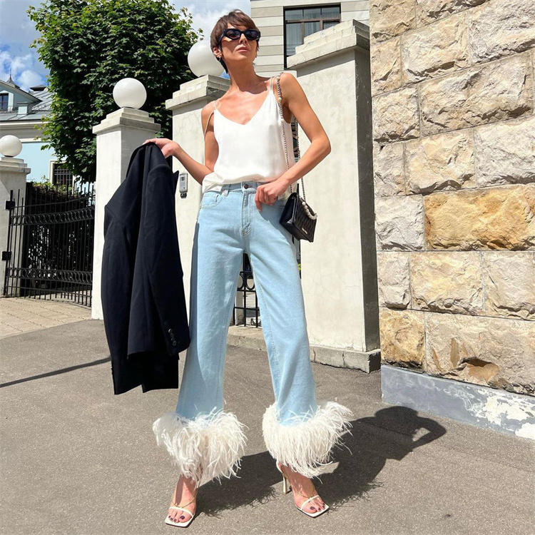 2024 New Design Fashion Feather Decorative Straight Jeans Long Trousers Women High Waist Denim Pants