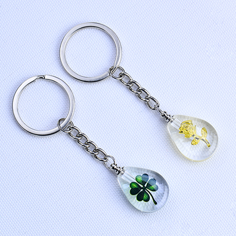 Water drop shape crystal bottle key ring gold rose cross clover custom keychain