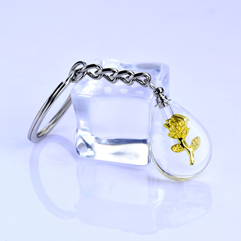 Water drop shape crystal bottle key ring gold rose cross clover custom keychain