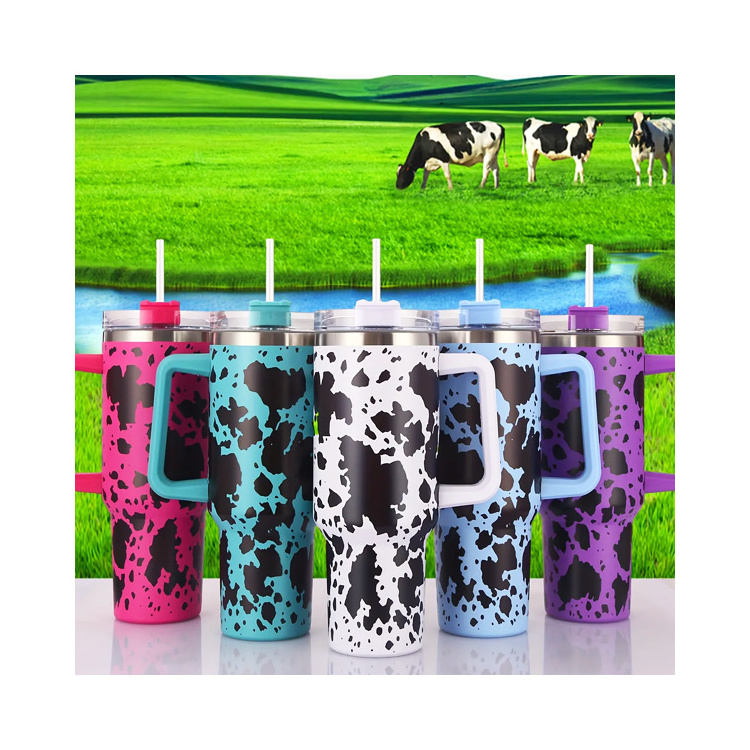 Aqua Flask Tumbler 40 Oz Cowhide 40oz Tumbler With Handle Cow Print And Paint Splat Cow Print 40oz Tumbler